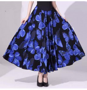 Women girls blue butterfly white flowers ballroom dance skirts waltz tango flamenco foxtrot rhythm smooth dance long swing skirts for female